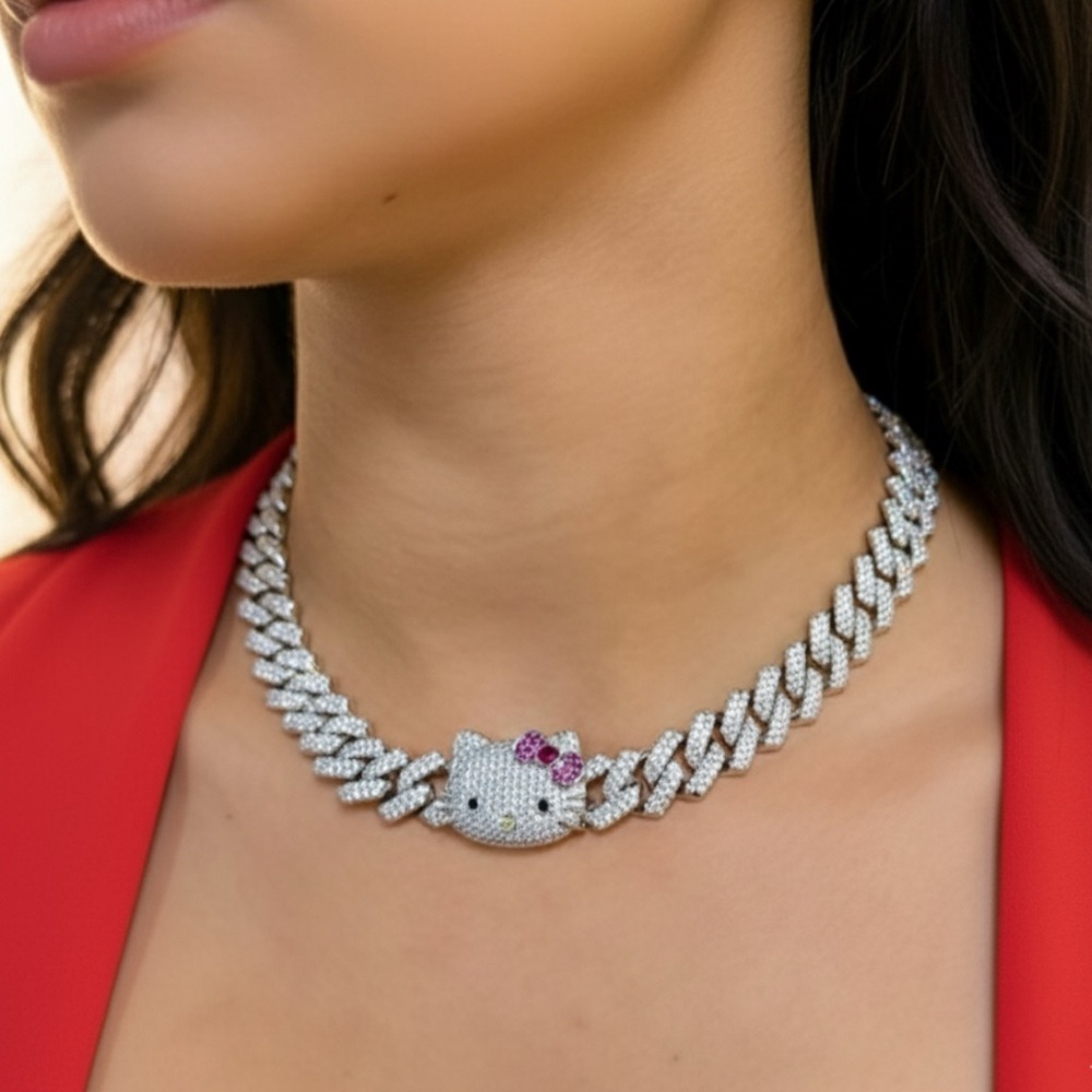 Silver hello kitty Necklace with Pink Accents 16inch